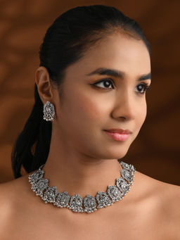 I Jewels - Stylish Silver Oxidised Radha Krishna Design Choker Necklace Jewellery Set