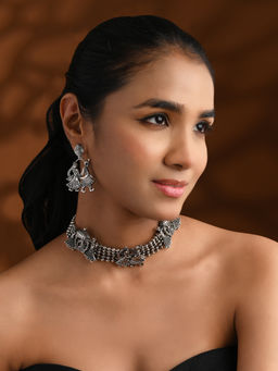 I Jewels - Ethnic Stylish Silver Oxidised Afghani Choker Necklace Jewellery Set
