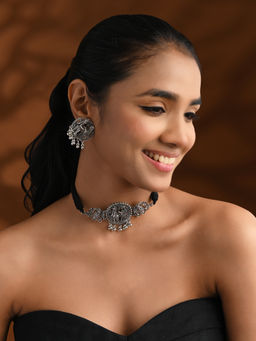 I Jewels - Classic Silver Oxidised Afghani Choker Necklace Jewellery Set