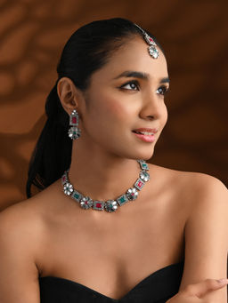 I Jewels - Silver Plated Square Shaped Floral Design Necklace Jewellery Set