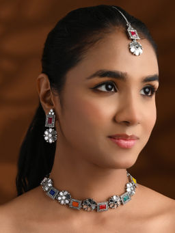 I Jewels - Silver Plated Square Shaped Floral Design Necklace Jewellery Set