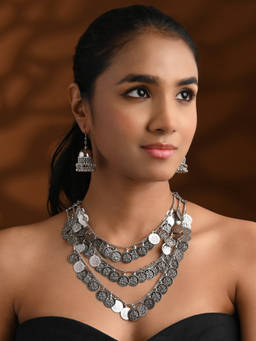 I Jewels - Silver Oxidised South Indian Style Multilayered Coin Necklace Jewellery