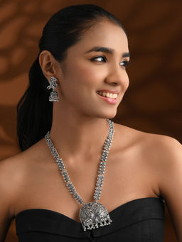 I Jewels - Silver Oxidised Ethnic Peacock Design Long Necklace Jewellery Set