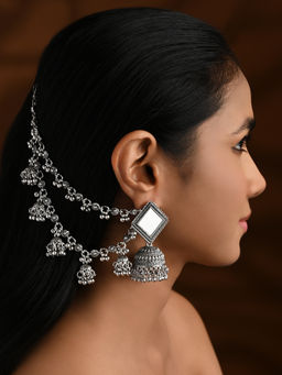 I Jewels - Silver Plated Oxidised Ear Chain (Set of 2)