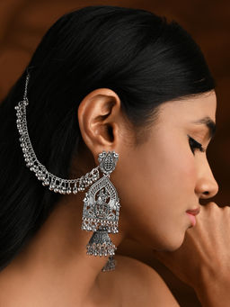 I Jewels - Silver Plated Oxidised Ear Chain (Set of 2)