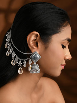 I Jewels - Navratri Ethnic Silver Oxidised Boho Shell and Ghungroo Hair Chain
