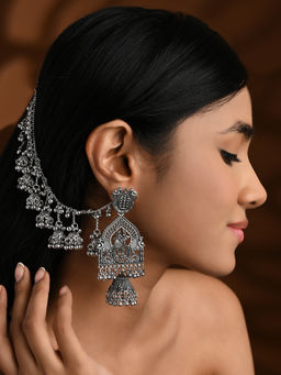 I Jewels - Navratri Ethnic Silver Oxidised Ghungroo Jhumka Hair Chain