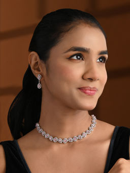 I Jewels - Pink Sliver-Plated Cubic Zirconia and American Diamond Jewellery Set for Women