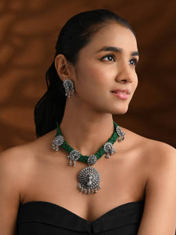 I Jewels - Silver Plated Peacock Design Oxidised Jewellery Set for Women