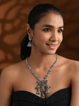 I Jewels - Silver Plated Peacock Design Oxidised Jewellery Set for Women