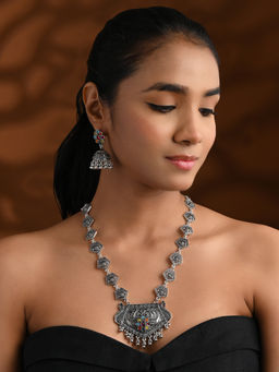 I Jewels - Multi-Color Silver Plated Antique Oxidised Jewellery Set for Women
