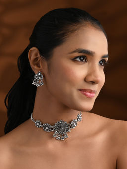 I Jewels - Silver Plated Oxidised Jewellery Set for Women