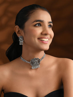 I Jewels - Silver Plated Oxidised Jewellery Set for Women