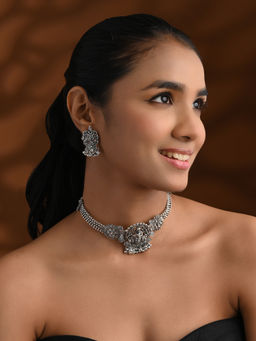 I Jewels - Silver Plated Antique Oxidised Jewellery Set for Women