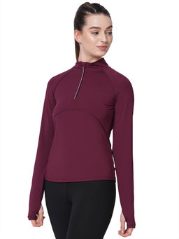 Fitkin - Women Maroon Front Zipper High Neck Training T-Shirt