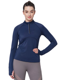 Fitkin - Women Blue Front Zipper High Neck Running T-Shirt