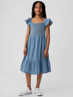 GAP - Girls Blue Square Neck Shirred Midi Dress