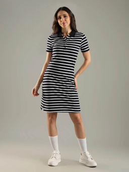 Tommy Hilfiger - Women Cotton Navy Blue Collar Striped Dress