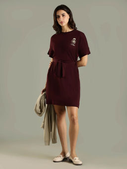 Tommy Hilfiger - Women Maroon Cotton Crew Neck T-Shirt Dress with Belt With Dress with Belt