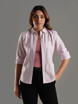 Tommy Hilfiger - Women Pink Striped Regular Fit Cotton Shirt
