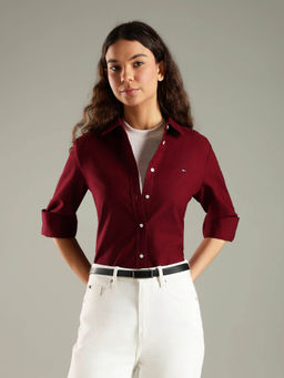 Tommy Hilfiger - Women Maroon Solid Regular Fit Cotton Shirt