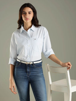 Tommy Hilfiger - Women Blue Striped Oversized Fit Cotton Shirt