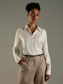 Tommy Hilfiger - Women Cream Solid Relaxed Fit Viscose Shirt