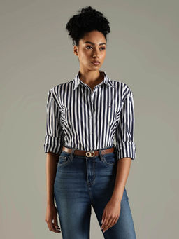 Tommy Hilfiger - Women Navy Blue Striped Regular Fit Cotton Shirt