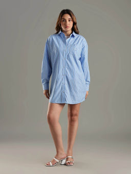 Tommy Hilfiger - Women Blue Cotton Striped Collar Shirt Dress