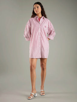 Tommy Hilfiger - Women Pink Cotton Striped Collar Shirt Dress