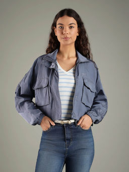 Tommy Hilfiger - Women Blue Relaxed Fit Collar Cropped Jacket