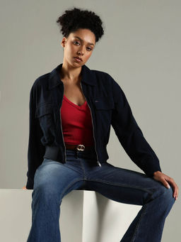 Tommy Hilfiger - Women Navy Blue Relaxed Fit Collar Cropped Jacket