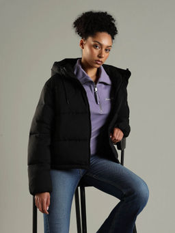 Tommy Hilfiger - Women Black Regular Fit Nylon Hooded Neck Puffer Jacket