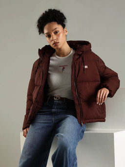 Tommy Hilfiger - Women Brown Regular Fit Nylon Hooded Neck Puffer Jacket