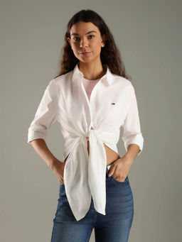 Tommy Hilfiger - Women White Solid Relaxed Fit Cotton Shirt