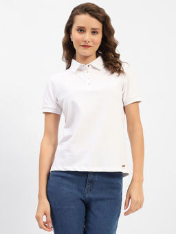 Madame - White Polo Neck Solid Cotton T-shirt