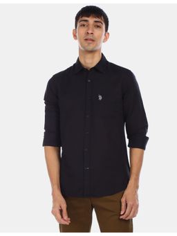 U.S. POLO ASSN. - Black Tailored Fit Linen Cotton Shirt.