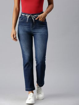 SHOWOFFFF - Women Low Distress Navy Blue Relaxed Fit Denim Jeans