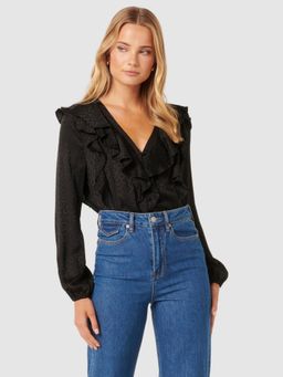 Forever New - Black Sandy Jacquard Ruffle Top