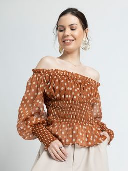 JULO - Brown Polka Dot Off-Shoulder Top