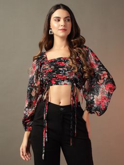 Trend Arrest - Black Ruched Floral Printed Crop Top