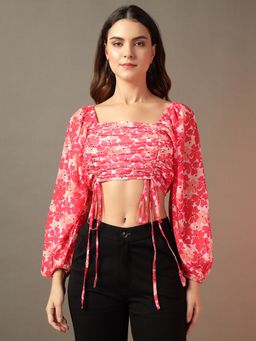 Trend Arrest - Pink Ruched Floral Printed Crop Top