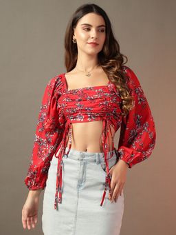 Trend Arrest - Red Ruched Floral Printed Crop Top