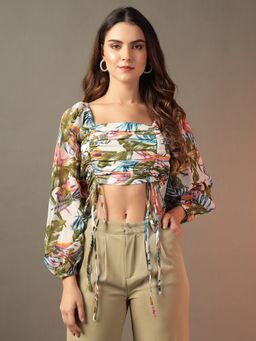 Trend Arrest - White Ruched Floral Printed Crop Top