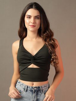 Trend Arrest - Green Solid Knot Crop Top