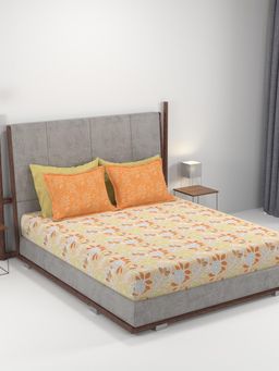 MYTRIDENT - Home Essential King Printed Bedsheet with Pillow Cover 144Tc, 100% Cotton Saher Orange
