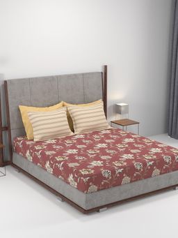 MYTRIDENT - Home Essential King Printed Bedsheet with Pillow Cover 144Tc, 100% Cotton Yasmin Red