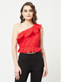 Attic Salt - Red One- Shoulder Schiffli Crop Top