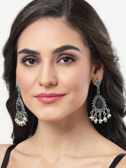 Moedbuille - Green Agate & Pearls Studded Oxidised Silver Plated Handcrafted Antique Earrings