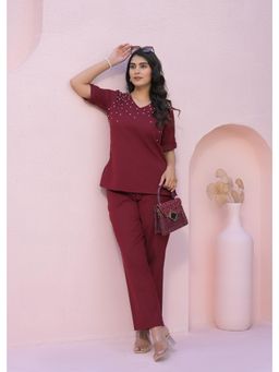 Roohaniyat - Women Maroon Cotton Linen Polka Dots Top with Pant (Set of 2)